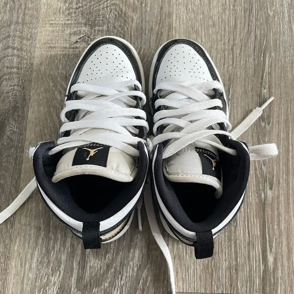 Nike Air Jordan 1 Mid Patent Black White Gold Boy Shoes - Size: 12C - Picture 7 of 9